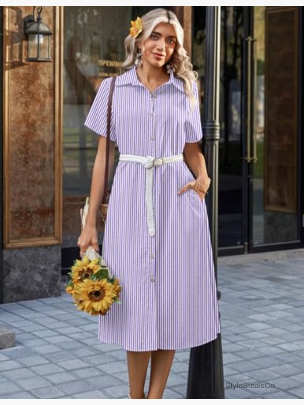 Summer Midi Button Down Shirt Dress A-Line Short Sleeve Beach Cover Up - Picture 5 of 7